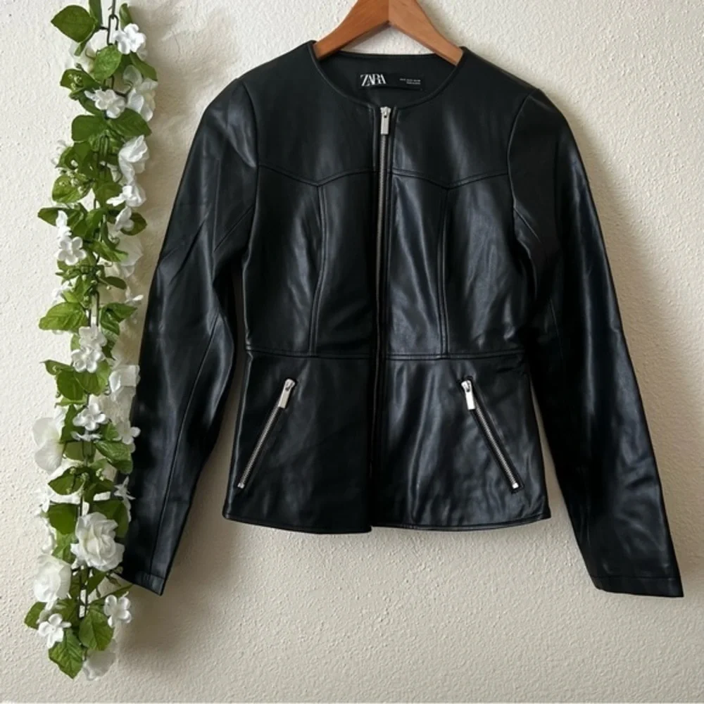 ZARA Black Vegan Faux Leather Peplum Zip Up Moto Jacket